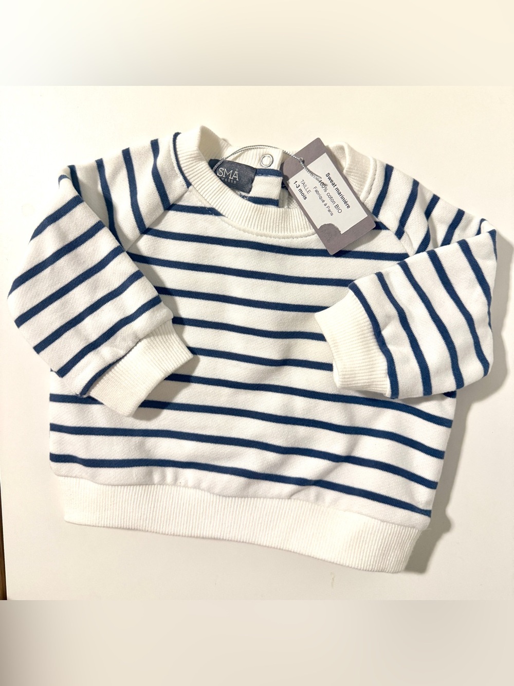 Baby White & Navy Striped Sweater Top 100% Cotton 1-3 Months